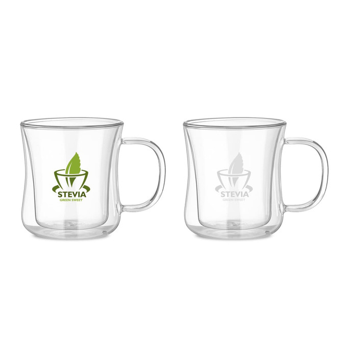 A drink bottle featuring a double wall design, made of clear glass with a handle. It has a logo on one side.