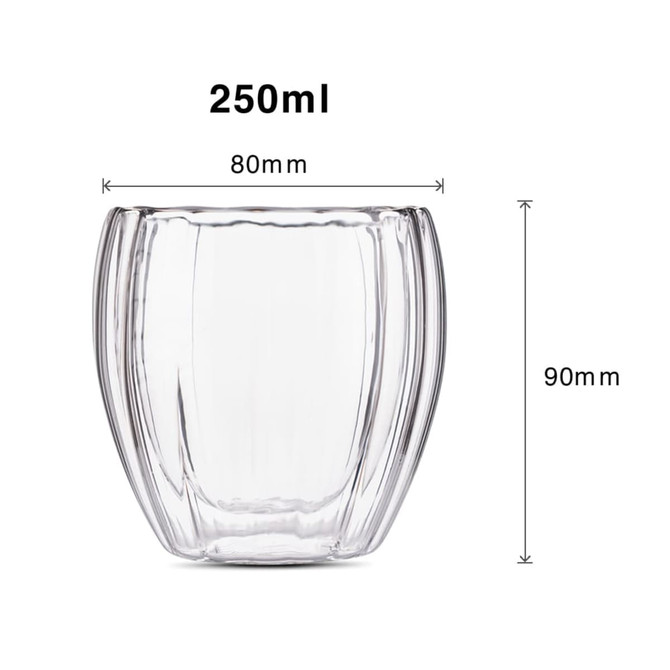 A glass with a spiral double wall design, clear in colour, holding 250ml and measuring 80mm by 90mm.