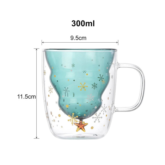 A double wall mug designed in the shape of a Christmas tree, featuring a translucent teal interior and gold accents.