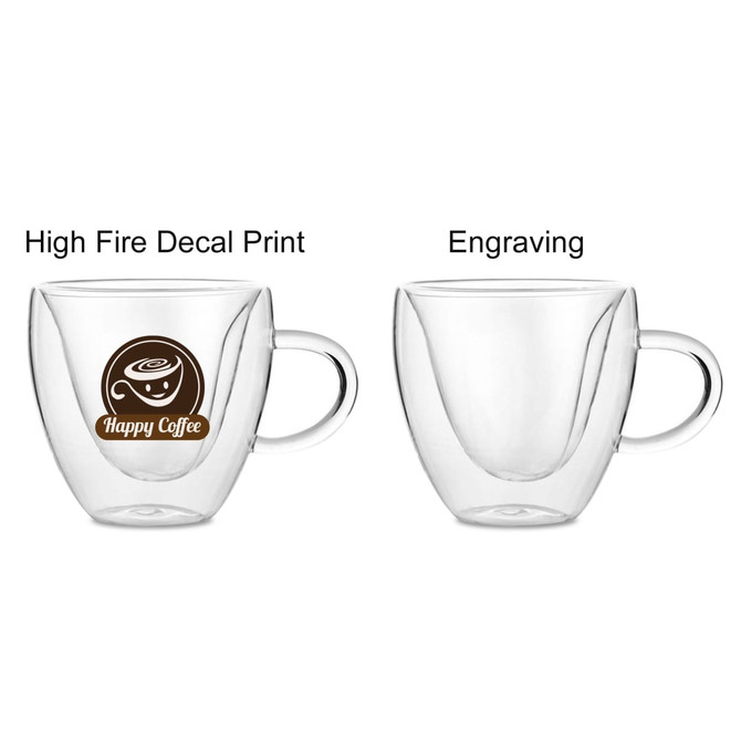 A double wall mug featuring a clear glass design with a handle, showcasing a logo on one side.