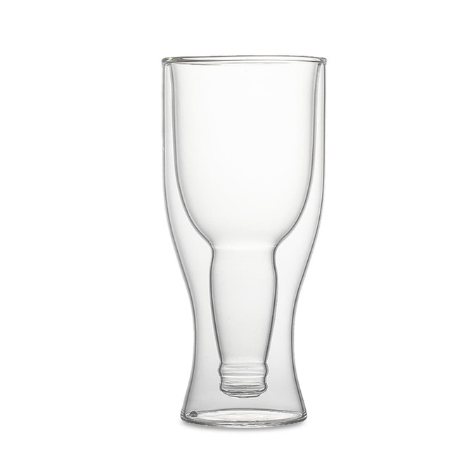 A drink bottle made of clear glass with a double wall design and a sturdy base. It features a logo.