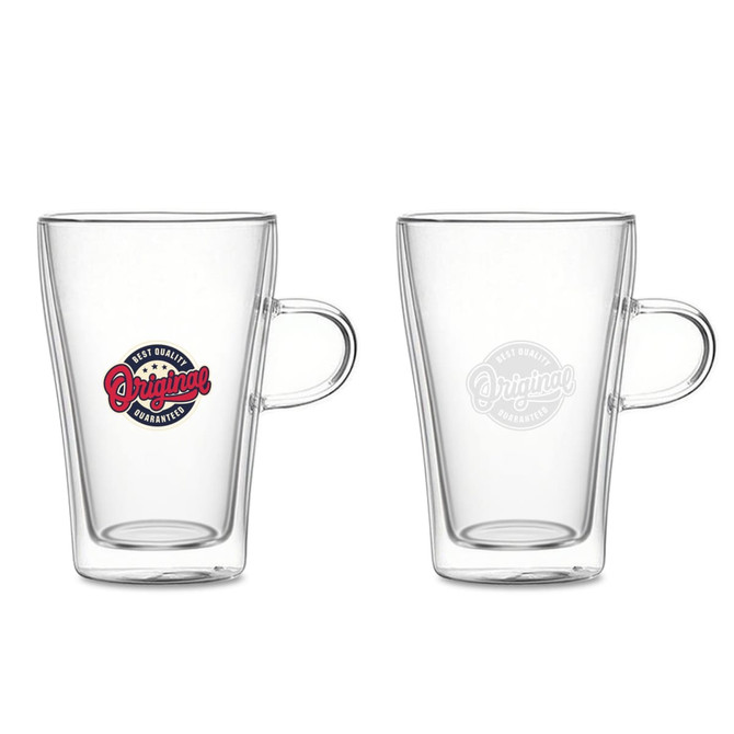 A double wall glass mug with a transparent design and a logo on one side, featuring a handle.