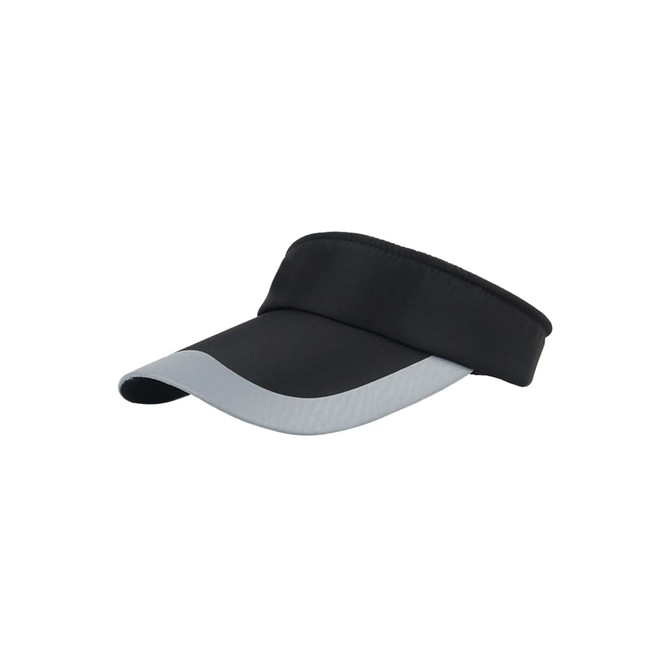 A black sun visor with a grey peak and a padded band. Features a logo on the front.