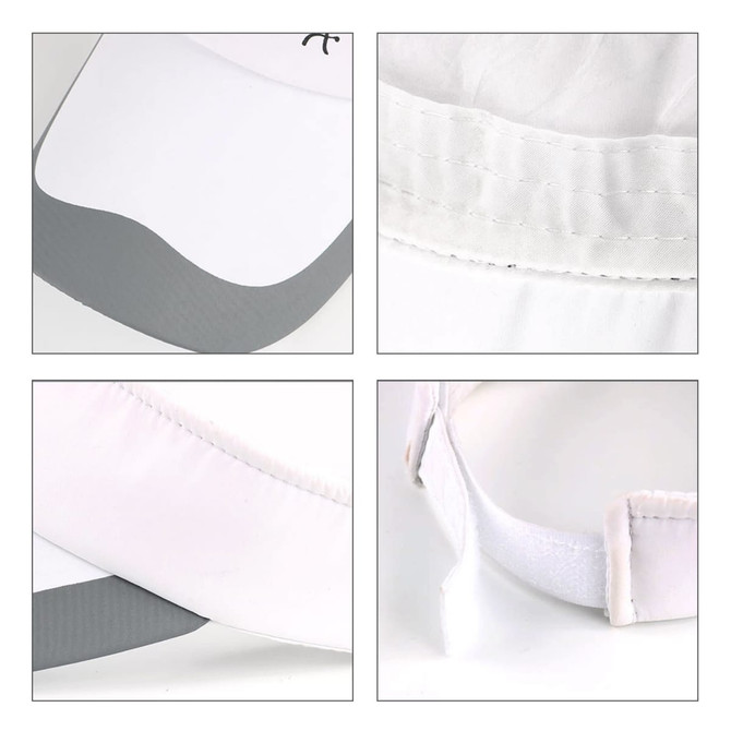 A sun visor in white with grey accents, featuring a soft brim and an adjustable strap. It has a logo on the front.