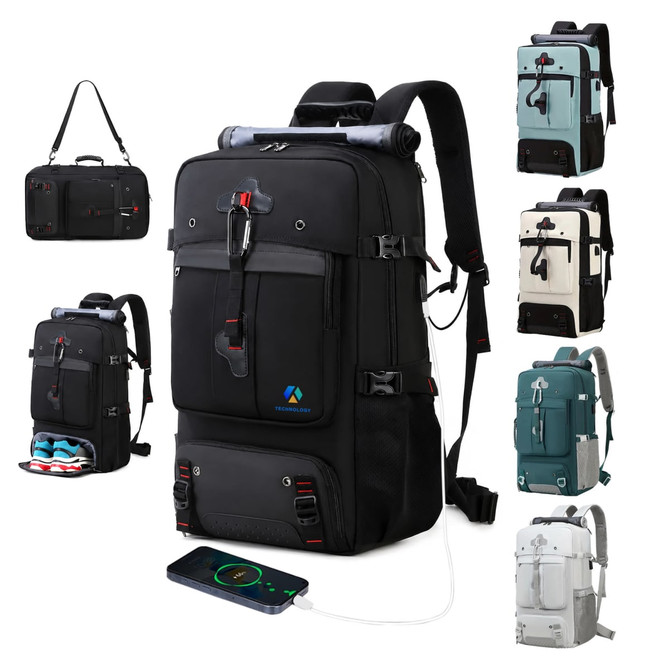 A convertible black backpack duffel bag displayed alongside in various colours, featuring multiple compartments and a logo.