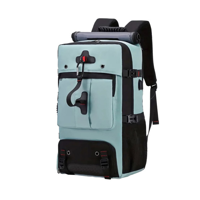 A teal and black convertible backpack duffel bag featuring multiple pockets and straps for versatility. Includes a logo.