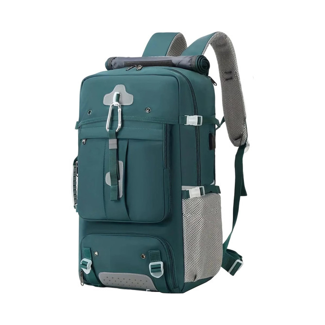 A teal convertible backpack duffel bag with multiple pockets and adjustable straps. It features a logo on the front.