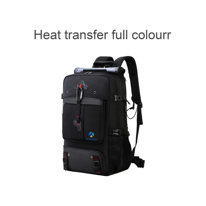 A black convertible backpack duffel bag featuring multiple compartments and a logo. It also includes a roll for added convenience.