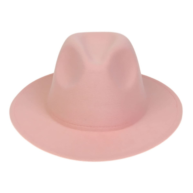 A pink felt wide brim fedora hat with a smooth finish and a rounded crown. Features a logo.