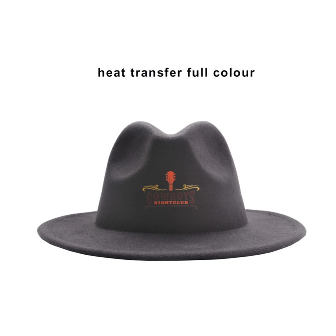 A black felt wide brim fedora hat with a logo on the front, featuring a distinct shaped crown.