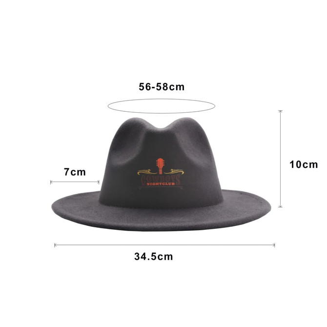A black felt wide brim fedora hat with a logo, featuring dimensions of 56-58 cm circumference and 10 cm high.