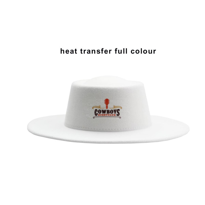 A white felt fedora hat featuring a logo on the front and a flat top design.