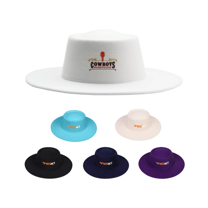 Flat top felt fedora hats in white, blue, cream, black, and purple, featuring various logos.