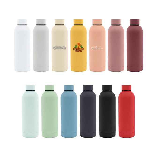 A drink bottle collection in various colours including white, cream, pink, green, blue, black, and red, featuring logos.