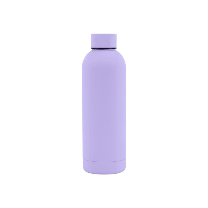 A drink bottle featuring a rubber-coated exterior in lavender, designed with a double wall for insulation.