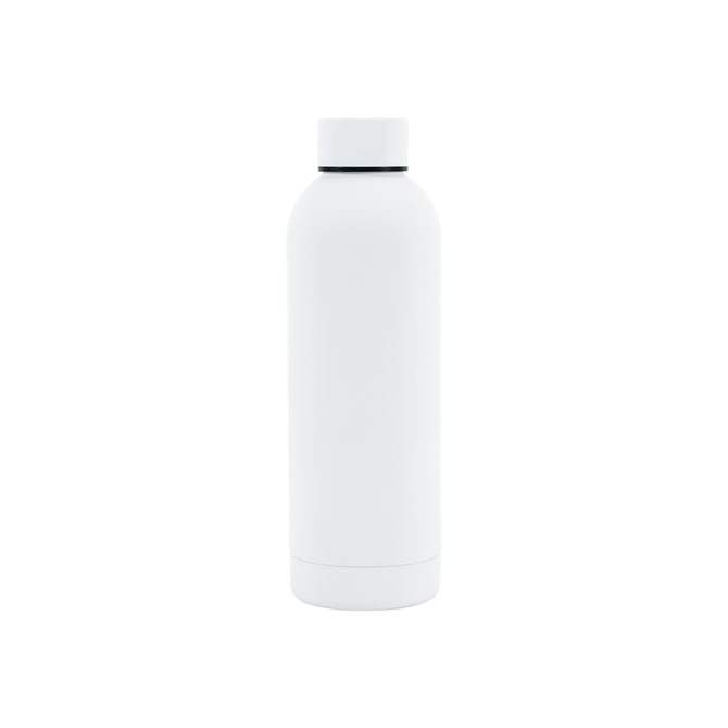 A drink bottle in white with a rubber-coated, double-wall design and a screw-on lid. Features a logo.