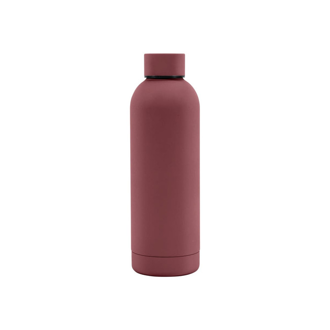 A drink bottle in a matte terracotta colour with a rubber coated finish and a sleek double wall design.