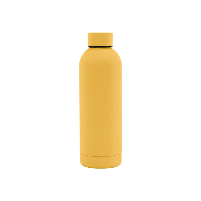 A drink bottle in bright yellow, featuring a rubber-coated exterior and a double wall design. It has a logo on it.