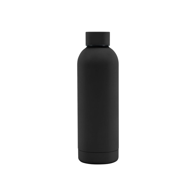 A drink bottle in matte black, featuring a rubber-coated exterior and a double wall design, with a logo on the surface.
