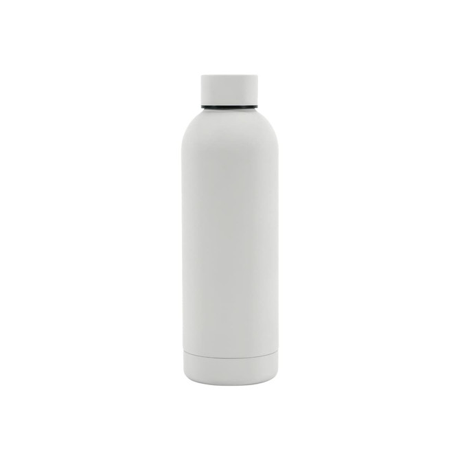 A drink bottle with a white rubber coating, featuring a double wall design and a matching screw cap.