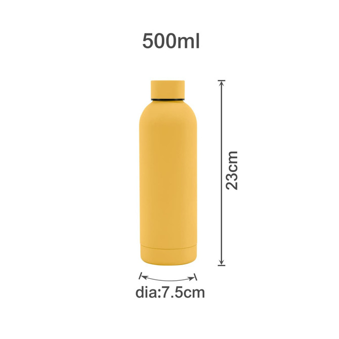 A drink bottle featuring a yellow rubber-coated exterior and double-wall design, with a capacity of 500ml.