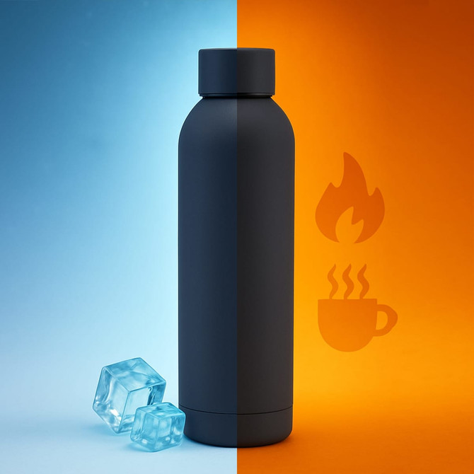 A drink bottle with a rubber coating, featuring a sleek black finish and ice cubes beside it.