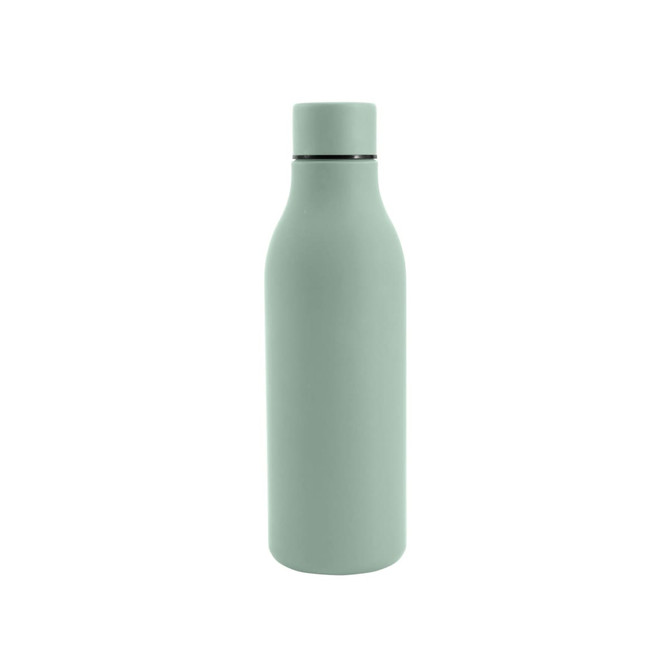 A drink bottle in mint green with a thermal rubber coating and a sleek design. It features a logo on the side.
