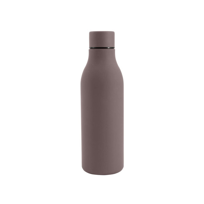A drink bottle featuring a thermal rubber coating in a muted brown shade. It has a sleek design and includes a logo.