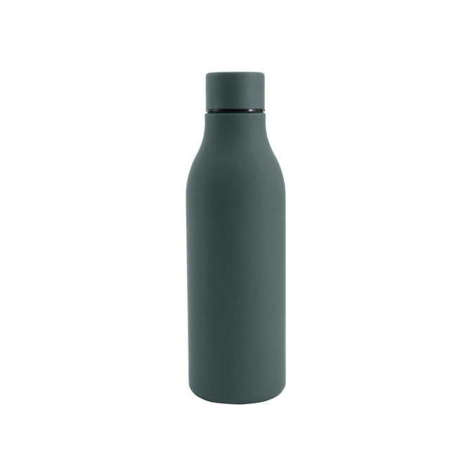 A drink bottle with a thermal rubber coating in a dark green colour, featuring a screw-on lid and a simple design.
