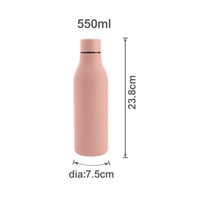 A drink bottle in soft pink, featuring a thermal rubber coating, with a 550ml capacity and dimensions of 23.8cm by 7.5cm.