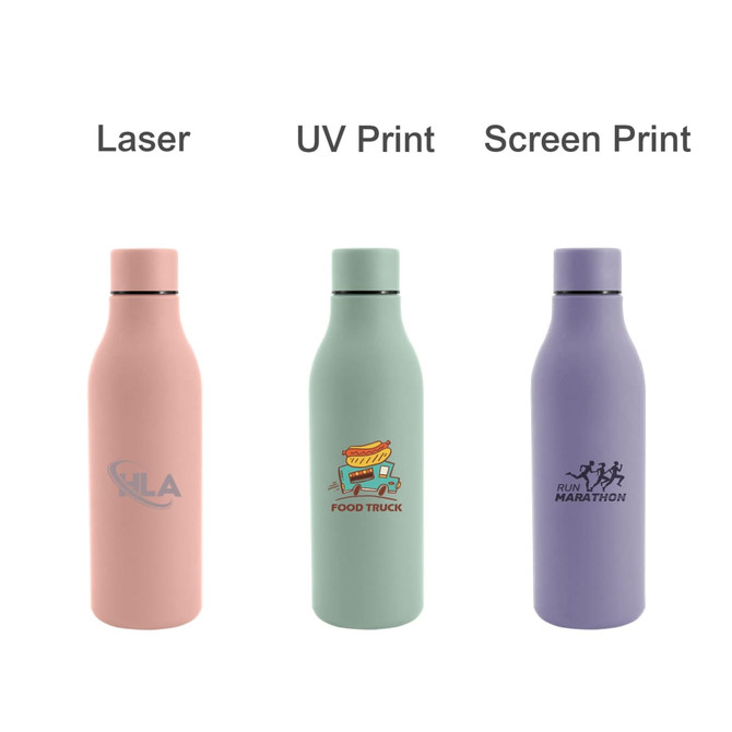A drink bottle in pastel pink, mint green, and lavender, each featuring a different design and logo.