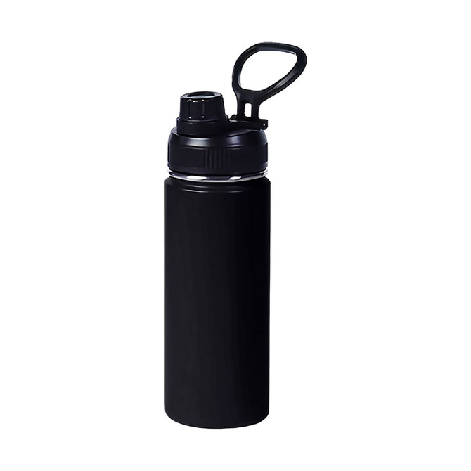 A drink bottle in black stainless steel with a double wall vacuum design and a carry handle. Features a logo on the body.