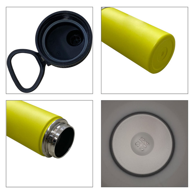 A drink bottle featuring a bright yellow outer shell, stainless steel interior, double-wall insulation, and a black carry handle.
