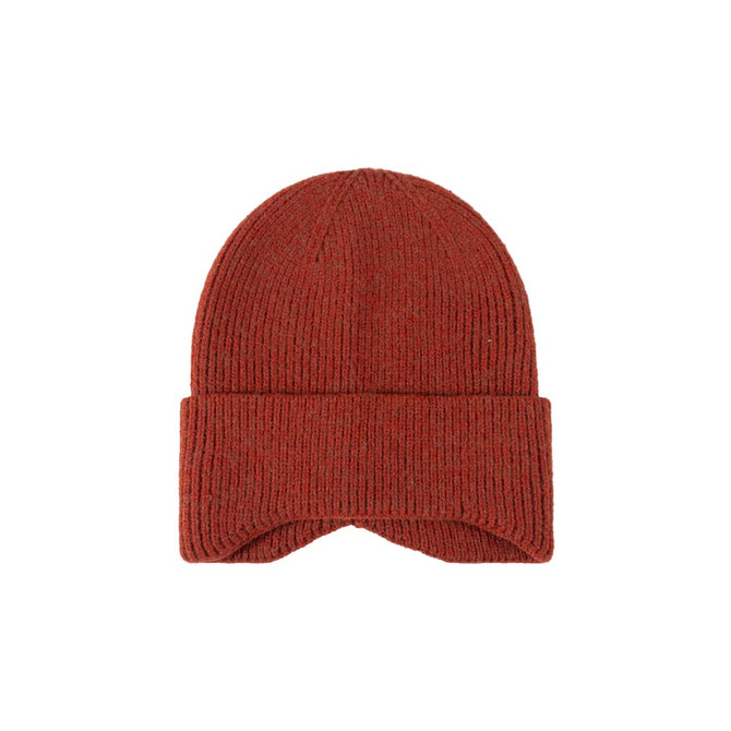 A red earflap beanie with a ribbed texture, featuring a fold-up cuff and an attached logo.