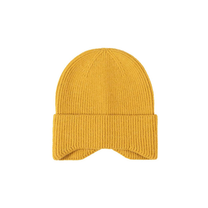 A yellow earflap beanie with a ribbed texture and a folded cuff. It features a branding logo on the side.