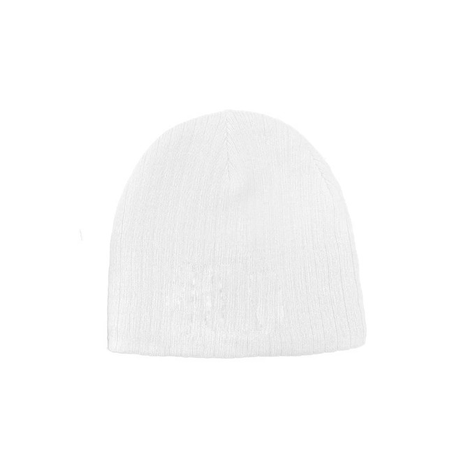 A white cable knit beanie featuring a ribbed texture and a small logo.