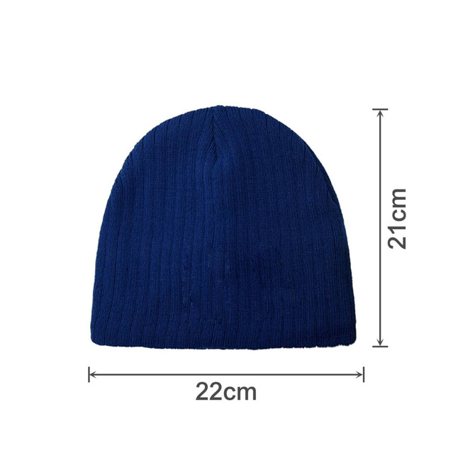 A blue cable knit beanie with dimensions of 21 cm in height and 22 cm in width, featuring a plain design.