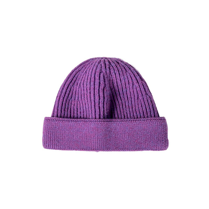 A purple round beanie featuring a ribbed texture and a folded cuff, with a branding logo present.