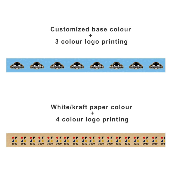 A blue and brown reinforced kraft paper tape with various printed logos and designs.