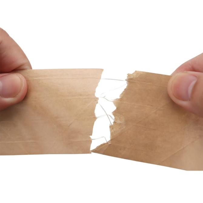 A person holds two pieces of water-activated reinforced kraft paper tape, displaying its brown colour and textured surface.