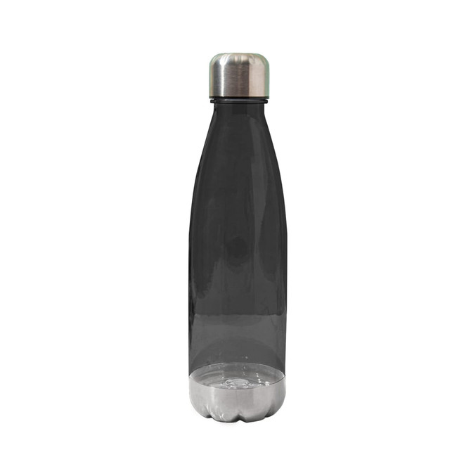 A drink bottle in translucent black with a stainless steel lid and a rounded base, featuring a logo.