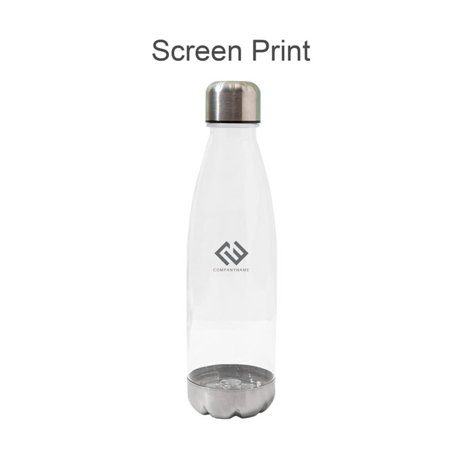 A drink bottle in translucent design with a silver base and stainless steel lid, featuring a logo.