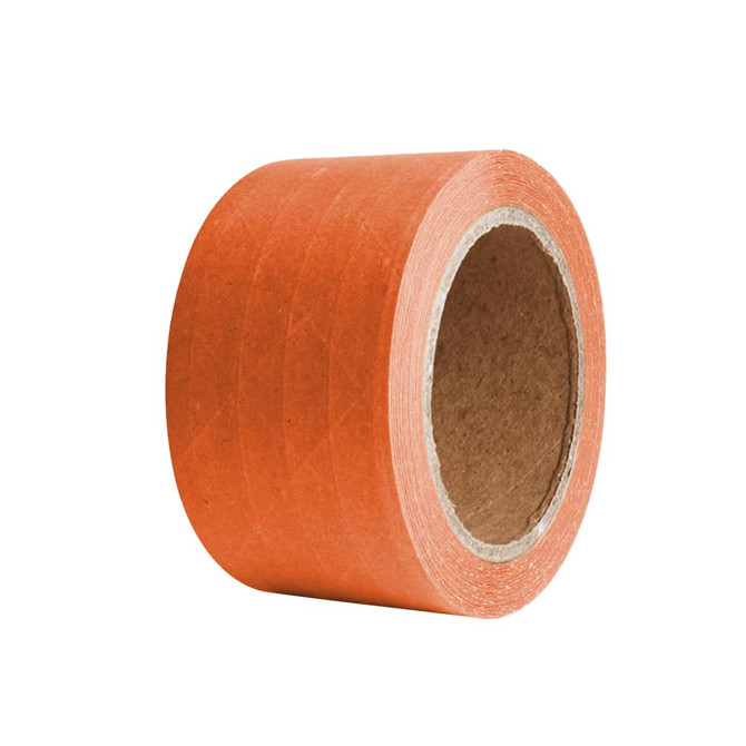 A roll of self-adhesive reinforced kraft paper tape in orange, featuring a cardboard core.