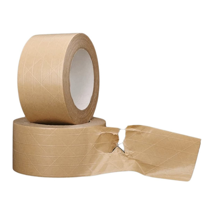 Two rolls of self-adhesive reinforced kraft paper tape in brown, with one roll partially torn.