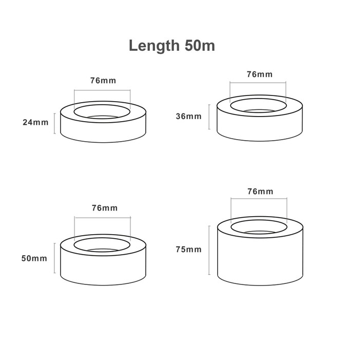 A diagram depicting self-adhesive reinforced kraft paper tape with measurements, showcasing various roll sizes.