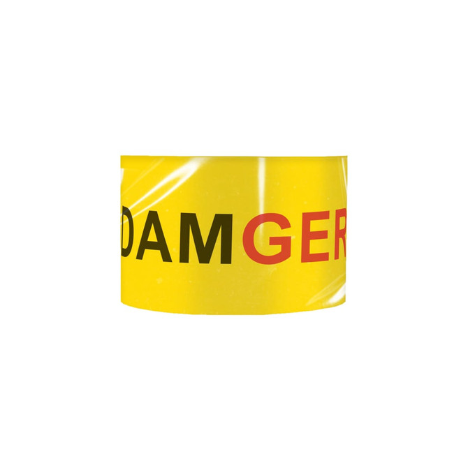 A roll of yellow barrier tape featuring bold black and red text. The tape is glossy and has a branding logo.