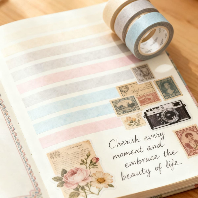 A roll of washi tape in pale blue and brown sits on an open notebook featuring pastel stripes and decorative images.