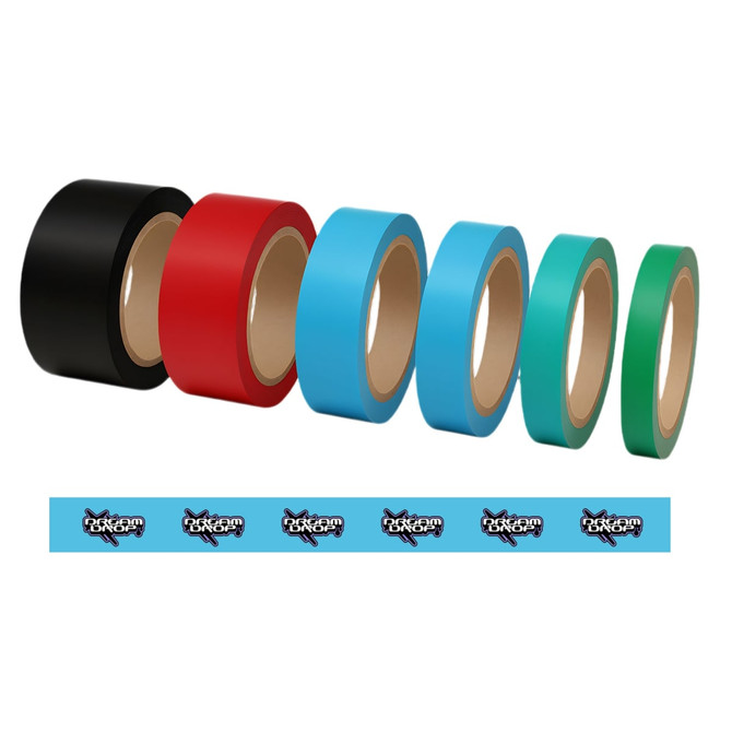 Rolls of BOPP packaging tape in black, red, blue, and green, with a blue printed tape featuring a logo.