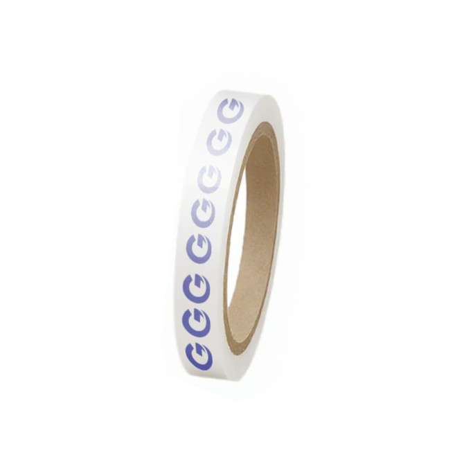 A roll of white BOPP packaging tape with blue logo design on a cardboard core.