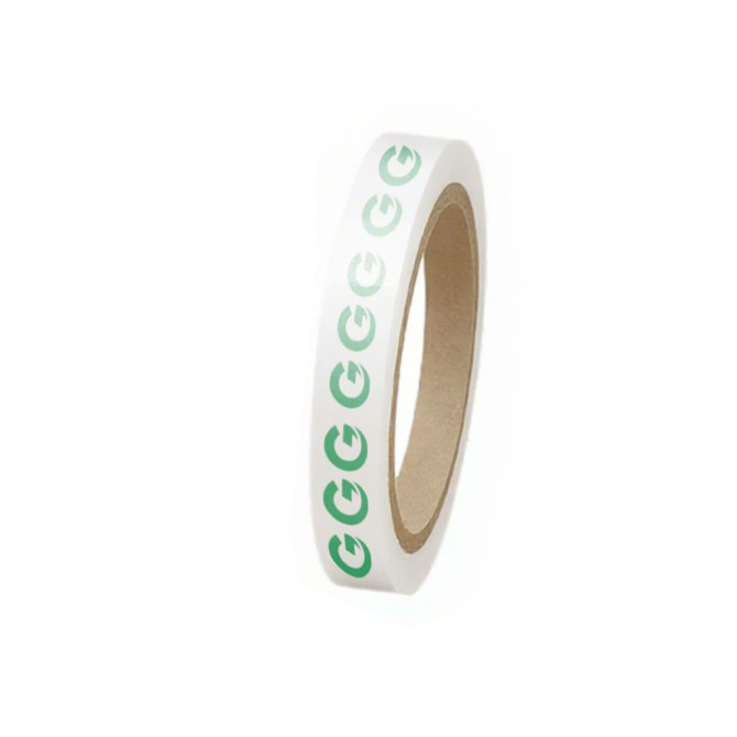 A roll of white BOPP packaging tape featuring a green logo pattern.